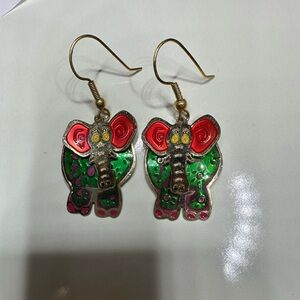 Vtg TWO HANDS Brand  Enameled Dangle Elephant EARRINGS W Red and Green Accents